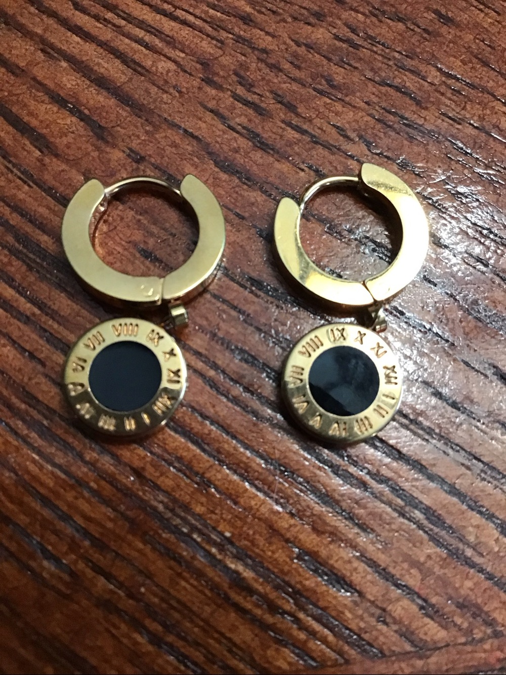 Huggie Earrings w/ Roman Numeral Dangle Gold Plated